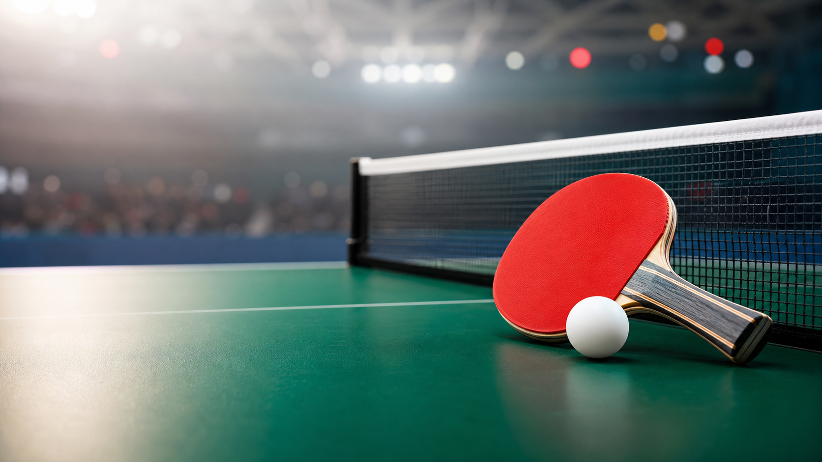 Table tennis paddle, ball, and table